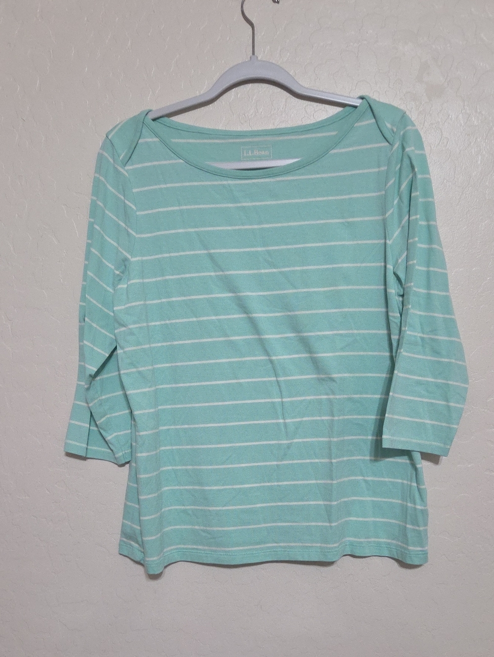L.L. Bean Mint Green and White Striped Boatneck 3/4 Sleeve Top